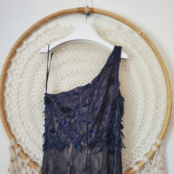 Xscape Women's Lace Mesh One-Shoulder Gown Blue Prom Mother of the Bride 8 - Picture 10 of 16